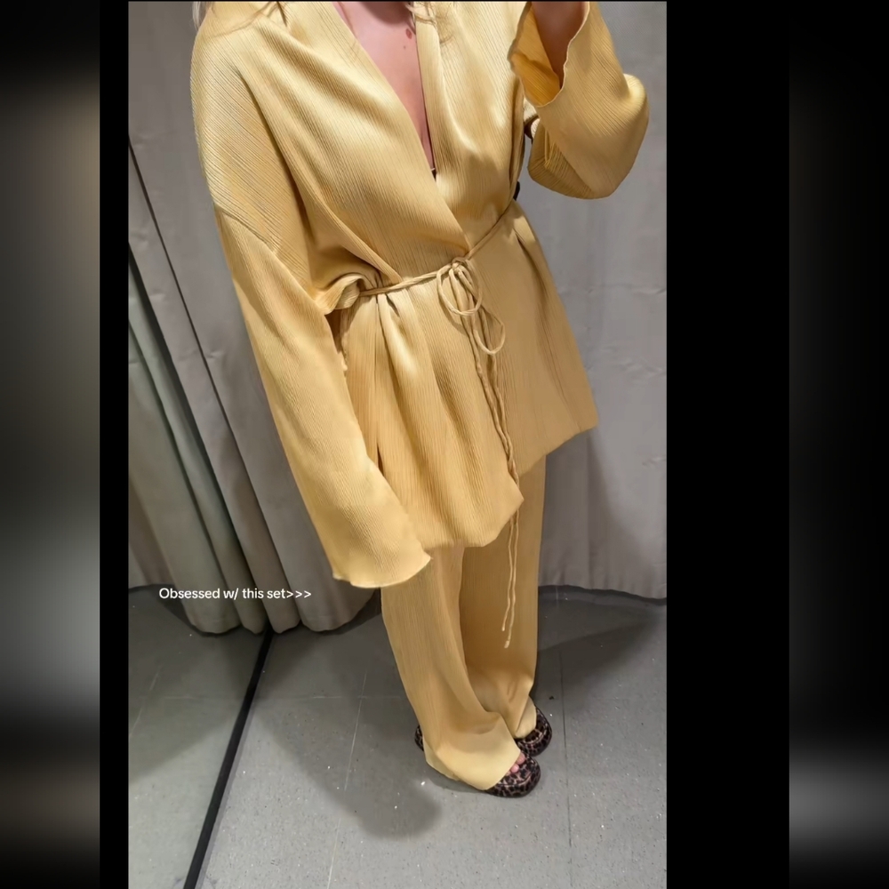 Zara 2 pieces set belted pleated kimono and pleated wide leg pants yellow NWT - Picture 8 of 16